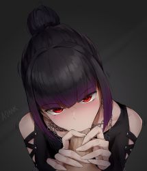 Rule 34 | 1boy, 1girl, aomoro, black hair, black shirt, blunt bangs, chain, chain necklace, clothing cutout, copyright request, fellatio, hair bun, hetero, highres, jewelry, looking at viewer, looking up, multicolored hair, necklace, oral, penis, purple hair, red eyes, shirt, shoulder cutout, sidelocks, simple background, single hair bun, solo focus, streaked hair, uncensored, upper body