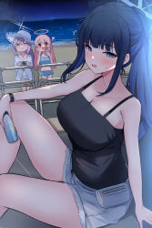 Rule 34 | + +, 3girls, :d, :t, absurdres, anger vein, angry, arm at side, atsuko (blue archive), atsuko (swimsuit) (blue archive), beach, black shirt, blue archive, blue eyes, blue hair, blue halo, blunt bangs, blunt ends, blush, breasts, camera, cellphone, character request, cleavage, collarbone, commentary request, denim, denim shorts, feet out of frame, halo, hand on own knee, hat, highres, holding, holding camera, holding phone, jitome, large breasts, long hair, looking at viewer, mi taro333, multiple girls, night, ocean, open mouth, outdoors, phone, pink halo, ponytail, pout, saori (blue archive), saori (swimsuit) (blue archive), shirt, shorts, sidelocks, sitting, sleeveless, sleeveless shirt, smartphone, smile, solo focus, spaghetti strap, straight hair, sun hat, sweatdrop, v-shaped eyebrows, white hat