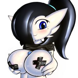 Rule 34 | 1girl, absurdres, alternate color, alternate hairstyle, alternate shiny pokemon, areola slip, artist name, black hair, black shirt, blue eyes, blush, breasts, closed mouth, clothes lift, colored skin, covered erect nipples, creatures (company), cross pasties, female focus, fir3born, game freak, gardevoir, gen 3 pokemon, grabbing own breast, hair over one eye, hair tie, hands up, happy, highres, large breasts, medium hair, nintendo, one eye covered, pasties, pokemon, pokemon (creature), shirt, shirt lift, short sleeves, side ponytail, signature, simple background, smile, solo, upper body, white background, white skin