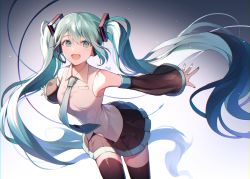 Rule 34 | 1girl, :d, absurdres, azit (down), bare shoulders, black skirt, black sleeves, black thighhighs, blue necktie, blush, breasts, collared shirt, commentary, detached sleeves, green eyes, green hair, hair between eyes, hatsune miku, highres, huge filesize, leaning forward, long hair, long sleeves, looking at viewer, necktie, open mouth, pleated skirt, shirt, signature, skirt, sleeveless, sleeveless shirt, sleeves past wrists, small breasts, smile, solo, thighhighs, twintails, very long hair, vocaloid, white shirt, wide sleeves