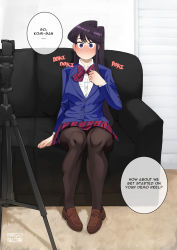 Rule 34 | 1girl, absurdres, black hair, blazer, blush, bow, breasts, brown footwear, brown pantyhose, camera, casting couch, collared shirt, commentary, couch, diagonal-striped bow, diagonal-striped clothes, diagonal-striped skirt, english commentary, english text, full-face blush, full body, highres, jacket, komi-san wa komyushou desu, komi shouko, loafers, long hair, mango-nectar, medium breasts, meme, no mouth, on couch, pantyhose, pigeon-toed, purple eyes, shirt, shoes, sitting, solo, speech bubble, striped clothes, tripod