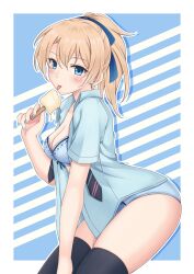 Rule 34 | 1girl, black necktie, black thighhighs, blonde hair, blue background, blue bra, blue eyes, blue nails, blue panties, blue ribbon, blue shirt, bow, bow bra, bra, breasts, commentary, cowboy shot, dress shirt, food, hair ribbon, highres, holding, holding food, leaning forward, licking, looking at viewer, medium breasts, medium hair, necktie, no pants, open clothes, open shirt, original, outline, panties, ponytail, popsicle, rei (09991), ribbon, shadow, shirt, solo, standing, thighhighs, underwear, undone necktie, white outline, wing collar