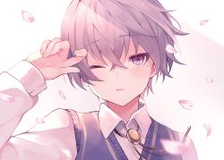 Rule 34 | 1boy, amulet, blush, cherry blossoms, collared shirt, frown, long sleeves, male focus, memo haco, mole, mole under eye, one eye closed, original, petals, purple eyes, purple hair, shirt, short hair, solo, vest, white background
