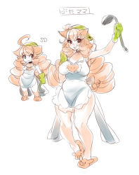 Rule 34 | 1girl, ahoge, animal ears, animal slippers, apron, bare legs, breasts, character name, chibi, choker, curvy, drill hair, dual persona, gloves, housewife, ladle, large breasts, long hair, looking at viewer, mature female, monster girl, multiple views, naked apron, naso4, orange hair, original, pig ears, pig girl, pig slippers, pig tail, plump, rubber gloves, simple background, slippers, smile, tail, thick thighs, thighs, translated, twin drills, twintails, white background