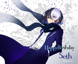 Rule 34 | 1boy, ahoge, black hair, blue eyes, character name, gradient background, hands in pockets, happy birthday, highres, male focus, multicolored hair, scarf, seth (under night in-birth), short hair, solo, two-tone hair, under night in-birth, white background, white hair, yusano