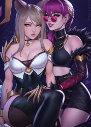 Rule 34 | 2018, 2girls, ahri (league of legends), animal ears, arm between breasts, bare shoulders, black legwear, blonde hair, braid, breasts, choker, claws, cleavage, crossed legs, evelynn (league of legends), facial mark, fox ears, fox tail, fur trim, gold trim, hair ornament, half-closed eyes, hand on another&#039;s thigh, hand on shoulder, hand on thigh, heart, heart choker, highres, jewelry, k/da (league of legends), k/da ahri, k/da evelynn, league of legends, lips, lipstick, long hair, looking at viewer, looking over eyewear, looking over glasses, makeup, mascara, multiple girls, necklace, off shoulder, pink-tinted eyewear, pink-tinted glasses, purple hair, realistic, round eyewear, sciamano240, side braid, signature, sitting, smile, strapless, sunglasses, tail, thighhighs, tinted eyewear, whisker markings, yellow eyes