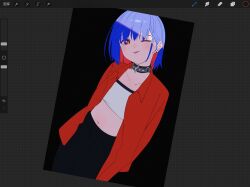 Rule 34 | 1girl, arms behind back, art program in frame, bandeau, black background, black choker, black pants, blue eyes, blue hair, blush, breasts, choker, closed mouth, collar, collarbone, colored inner hair, earrings, head tilt, highres, jewelry, kamitsubaki studio, light smile, long sleeves, looking at viewer, medium hair, midriff, multicolored eyes, multicolored hair, navel, one eye closed, open clothes, open shirt, pants, red eyes, red hair, red shirt, rim (kamitsubaki studio), ryuuforkaf, shirt, small breasts, solo, stud earrings, tongue, tongue out, virtual youtuber, white bandeau, yellow pupils
