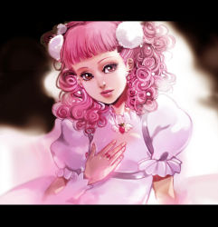 Rule 34 | 1girl, athenacg, blurry, curly hair, depth of field, dress, food, fruit, hair ornament, jewelry, letterboxed, lipstick, makeup, paradise kiss, pink dress, pink eyes, pink hair, pink lips, pink theme, ring, sakurada miwako, solo, strawberry, upper body