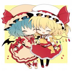 Rule 34 | 2girls, :d, ^ ^, ascot, bad id, bad pixiv id, bat wings, blonde hair, blue hair, bow, cheek-to-cheek, chibi, closed eyes, embellished costume, closed eyes, female focus, flandre scarlet, frills, happy, haru (kyou), hat, heads together, heart, multiple girls, open mouth, remilia scarlet, shirt, siblings, side ponytail, sisters, skirt, skirt set, smile, touhou, wings, wrist cuffs, wristband