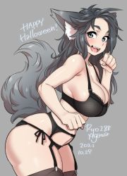 Rule 34 | 1girl, agawa ryou, animal ear fluff, animal ears, artist name, bare shoulders, black bra, black panties, blue eyes, bra, breasts, brown thighhighs, cleavage, clenched hand, collarbone, commentary, cowboy shot, dated, english commentary, fangs, garter belt, grey background, grey hair, halloween, hand up, lace, lace bra, lace panties, large breasts, light blush, long hair, looking at viewer, messy hair, numbered, open mouth, original, panties, side-tie panties, sideboob, sidelocks, simple background, skindentation, smile, solo, strap gap, tail, thick thighs, thighhighs, thighs, underwear, wolf ears, wolf tail
