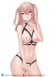 Rule 34 | bare shoulders, black bra, black panties, bra, breasts, brown hair, censored, censored nipples, collarbone, contrapposto, cowboy shot, crotchless, crotchless panties, cupless bra, flower censor, hair between eyes, halterneck, hand up, helloimtea, highres, inui sajuna, lips, long hair, looking at viewer, medium breasts, navel, novelty censor, panties, parted lips, patreon username, purple eyes, simple background, sono bisque doll wa koi wo suru, standing, stomach, twitter username, two side up, underwear, watermark, web address, white background