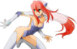 Rule 34 | 00s, 1girl, birdy cephon altera, blue eyes, breasts, cleavage, dyed bangs, fighting stance, leotard, long hair, looking to the side, michi ta (masquerade), ponytail, red hair, simple background, solo, tetsuwan birdy, tetsuwan birdy decode, thighhighs, thighs, very long hair, white background, white thighhighs
