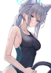 Rule 34 | 1girl, absurdres, animal ear fluff, animal ears, black one-piece swimsuit, blue archive, blue eyes, breasts, competition swimsuit, covered navel, cowboy shot, cross hair ornament, extra ears, grey hair, hair ornament, halo, highres, kuroshiro kanae, low ponytail, medium breasts, medium hair, mismatched pupils, multicolored clothes, multicolored swimsuit, official alternate costume, one-piece swimsuit, pool ladder, shiroko (blue archive), shiroko (swimsuit) (blue archive), simple background, solo, swimsuit, wet, wet clothes, wet swimsuit, white background, wolf ears
