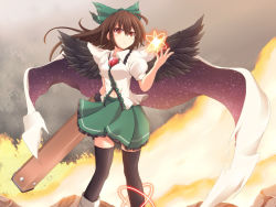 Rule 34 | 1girl, arm cannon, bird wings, black thighhighs, black wings, brown eyes, brown hair, cape, cross (crossryou), energy ball, long sleeves, puffy short sleeves, puffy sleeves, reiuji utsuho, shirt, short sleeves, skirt, solo, space, thighhighs, third eye, touhou, weapon, wings, zettai ryouiki