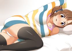 Rule 34 | 10s, 1girl, arm up, ass, black thighhighs, breasts, brown eyes, brown hair, dress, female focus, idolmaster, idolmaster cinderella girls, jewelry, large breasts, looking at viewer, lying, mattari yufi, necklace, on side, open mouth, panties, pantyshot, pendant, pillow, solo, striped clothes, striped dress, thighhighs, totoki airi, twintails, underwear, white panties