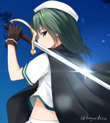 Rule 34 | 10s, 1girl, cape, glint, gloves, green eyes, green hair, haryuu (poetto), hat, highres, kantai collection, kiso (kancolle), kiso kai ni (kancolle), looking at viewer, looking back, over shoulder, school uniform, serafuku, solo, sword, sword over shoulder, twitter username, upper body, weapon, weapon over shoulder