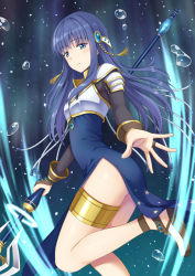 Rule 34 | 1girl, armor, blue dress, blue eyes, blue hair, brown footwear, closed mouth, commentary, darknessukaru, dress, from side, hair ornament, half-closed eyes, highres, holding, holding staff, jewelry, leg up, legs, light frown, long hair, long sleeves, looking at viewer, looking back, magia record: mahou shoujo madoka magica gaiden, magical girl, mahou shoujo madoka magica, medium dress, nanami yachiyo, necklace, pauldrons, shoes, shoulder armor, side slit, solo, staff, standing, standing on one leg, water drop