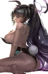 Rule 34 | 1girl, absurdres, animal ears, ass, bare back, bare shoulders, black hair, black leotard, blue archive, breasts, closed mouth, dark-skinned female, dark skin, detached collar, fake animal ears, fake tail, fishnet pantyhose, fishnets, halo, hand on own chest, highleg, highleg leotard, highres, karin (blue archive), karin (bunny) (blue archive), large breasts, leotard, long hair, looking at viewer, no shoes, official alternate costume, pantyhose, playboy bunny, ponytail, rabbit ears, rabbit tail, shoulder tattoo, simple background, sitting, solo, tail, tattoo, thighs, une (acre6422), very long hair, white background, yellow eyes