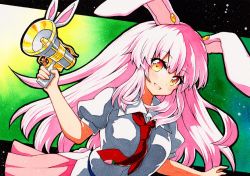 Rule 34 | 1girl, :d, animal ears, black outline, collared shirt, gradient background, green background, gun, holding, holding gun, holding weapon, long hair, looking at viewer, lunatic gun, necktie, open mouth, outline, pink hair, pink skirt, puffy short sleeves, puffy sleeves, qqqrinkappp, rabbit ears, red necktie, reisen udongein inaba, shirt, short sleeves, skirt, smile, solo, touhou, traditional media, upper body, weapon, white shirt, yellow eyes