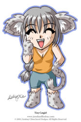 Rule 34 | 1girl, animal ears, blue shorts, blush, breasts, cat ears, cat girl, cat tail, chibi, cleavage, closed eyes, fangs, gloves, grey footwear, grey gloves, hand on own hip, jared hodges, lindsay cibos, lowres, open mouth, orange shirt, paw gloves, paw shoes, paws, shirt, shoes, shorts, small breasts, smile, tail, tank top, teeth, thumbs up, white background