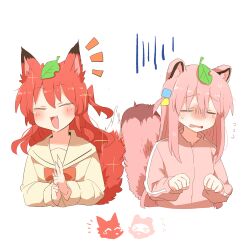 Rule 34 | 2girls, :3, :d, ^ ^, animal ear fluff, animal ears, blush, bocchi the rock!, bow, bowtie, brown sailor collar, brown shirt, closed eyes, commentary request, cube hair ornament, embarrassed, fang, flying sweatdrops, fox ears, fox girl, fox tail, gotoh hitori, hair between eyes, hair ornament, hands up, jacket, kita ikuyo, leaf, leaf on head, long hair, long sleeves, multiple girls, notice lines, one side up, open mouth, paw pose, pink jacket, raccoon ears, raccoon girl, raccoon tail, raised eyebrows, rebecca (keinelove), red bow, red bowtie, red hair, sailor collar, school uniform, shirt, shuka high school uniform, sidelocks, simple background, smile, sweatdrop, tail, track jacket, wavy mouth, white background