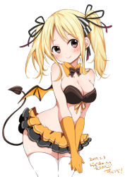Rule 34 | 1girl, 2017, :3, arched back, artist name, black bra, black ribbon, blonde hair, blush, bra, breasts, brown eyes, cat, cleavage, closed mouth, copyright name, cowboy shot, dated, demon girl, demon tail, demon wings, frilled skirt, frills, gloves, hair ribbon, large breasts, long hair, looking at viewer, manda rin, microskirt, midriff, orange gloves, ragho no erika, ribbon, signature, simple background, skirt, smile, solo, sukurizo!, tail, thighhighs, twintails, twintails day, underwear, v arms, white background, white thighhighs, wings