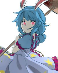 Rule 34 | 1girl, :d, aliun, animal ears, blood, bloody weapon, blue hair, crazy eyes, crazy smile, dress, glowing, glowing eyes, incoming attack, kine, mallet, open mouth, rabbit ears, red eyes, seiran (touhou), simple background, smile, solo, touhou, weapon