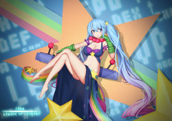 Rule 34 | 1girl, absurdres, arcade sona, bad id, bad pixiv id, bare legs, barefoot, blue eyes, blue hair, breasts, cleavage, highres, large breasts, league of legends, crossed legs, long hair, looking at viewer, matching hair/eyes, navel, sitting, smile, solo, sona (league of legends), sugar sound, twintails, very long hair