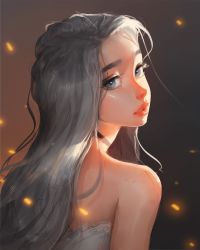 Rule 34 | 1girl, back, bare shoulders, black choker, blue eyes, borrowed character, choker, grey background, highres, lips, long hair, looking at viewer, looking back, parted lips, sam yang, silver hair, simple background, solo