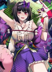 Rule 34 | 1girl, absurdres, black hair, bow, cellphone, commentary request, drawing tablet, unworn eyewear, fate/grand order, fate (series), glasses, hair bow, hairband, highres, holding, holding phone, joy-con, long hair, lying, on back, osakabehime (fate), phone, pink eyes, purple skirt, san (harutuki 3), skirt, smartphone