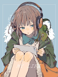 Rule 34 | 1girl, :o, absurdres, animal, animal on shoulder, blue eyes, blue shirt, blush, brown eyes, brown hair, collared shirt, commission, drawing, drawing tablet, fur trim, green jacket, headphones, headphones around neck, highres, holding, holding drawing tablet, holding pen, i7, iguana (animal), jacket, lizard, looking to the side, open mouth, original, pen, shirt, skeb commission, solo