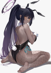 Rule 34 | 1girl, absurdres, animal ears, ass, back, bare back, barefoot, black hair, black leotard, blue archive, breasts, dark-skinned female, dark skin, fake animal ears, fake tail, fishnets, gloves, halo, highres, karin (blue archive), karin (bunny) (blue archive), large breasts, leotard, long hair, looking at viewer, pantyhose, playboy bunny, ponytail, r1meo, rabbit ears, simple background, soles, solo, tail, toes, very long hair, white background, white gloves, wrist cuffs, yellow eyes