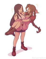 Rule 34 | 2girls, ^ ^, absurdres, aerith gainsborough, black socks, brown footwear, brown hair, carrying, closed eyes, closed mouth, commentary, dress, english commentary, final fantasy, final fantasy vii, full body, highres, joanna went bananas, multiple girls, pink dress, princess carry, simple background, smile, socks, teeth, tifa lockhart, upper teeth only, white background