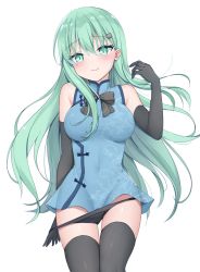 Rule 34 | 1girl, bare shoulders, black panties, blue dress, bow, bowtie, china dress, chinese clothes, closed mouth, cowboy shot, dress, elbow gloves, gloves, green eyes, green hair, grey bow, grey bowtie, grey gloves, grey thighhighs, highres, kamu (geeenius), kantai collection, looking at viewer, panties, short dress, simple background, smile, solo, suzuya (kancolle), thighhighs, underwear, white background