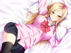 1girl black_skirt black_socks blonde_hair blush collar collarbone from_above long_hair looking_at_viewer lying on_bed open_mouth pillow pink_sweater red_ribbon ribbon school_uniform side_part skirt socks sweater yellow_eyes yu-ta