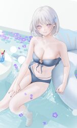 Rule 34 | 1girl, afloat, bare shoulders, bikini, blue nails, drink, earrings, fish hair ornament, flower, front-tie bikini top, front-tie top, hair ornament, hand on own thigh, highres, jewelry, light smile, looking at viewer, nacchan (ohisashiburi), nail polish, navel, ohisashiburi, original, pale skin, petals, pink eyes, short hair, simple background, sitting, smile, solo, swimsuit, water, white background, white hair