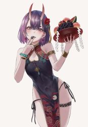 Rule 34 | 1girl, absurdres, bare arms, bare shoulders, blush, breasts, china dress, chinese clothes, dress, fate/grand order, fate (series), food, gold can, hair ornament, hand to own mouth, hands up, highres, horns, looking at viewer, mole, mole under eye, oni, purple eyes, purple hair, short hair, shuten douji (fate), simple background, skin-covered horns, small breasts, strap, thighs