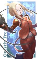 Rule 34 | 1girl, absurdres, bare shoulders, black gloves, blonde hair, blue background, blue eyes, blush, bow, breasts, brown bow, character name, commentary request, detached sleeves, final fantasy, final fantasy viii, floating hair, fune (fune93ojj), glasses, gloves, hands up, highres, holding, holding whip, long hair, long skirt, looking at viewer, medium breasts, navel, open mouth, orange shirt, orange sleeves, parted bangs, quistis trepe, ribbed shirt, shirt, sidelocks, skirt, sleeveless, sleeveless shirt, solo, teeth, whip