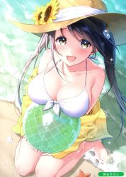 Rule 34 | 1girl, :d, absurdres, artist name, ball, bare legs, bare shoulders, barefoot, beach, beachball, bikini, black hair, blush, breasts, brown eyes, brown hat, cleavage, collarbone, day, flower, from above, front-tie bikini top, front-tie top, halterneck, hat, hat flower, hat ribbon, highres, jacket, kneeling, large breasts, long hair, long sleeves, looking at viewer, masuishi kinoto, melonbooks, off shoulder, open clothes, open jacket, open mouth, outdoors, ribbon, sand, scan, smile, solo, sun hat, sunflower, sunlight, swimsuit, twintails, water, wet, white bikini, white ribbon, yellow flower, yellow jacket