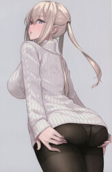 Rule 34 | 1girl, absurdres, alternate costume, artist name, ass, ass grab, ass support, black pantyhose, blonde hair, blush, breasts, comiket 100, cowboy shot, dated, grabbing own ass, graf zeppelin (kancolle), grey background, hair between eyes, highres, kantai collection, large breasts, long hair, long sleeves, non-web source, open mouth, pantyhose, purple eyes, rokuwata tomoe, scan, sidelocks, simple background, solo, sweater, turtleneck, turtleneck sweater, twintails, twitter username, white sweater