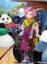 Rule 34 | 1boy, blue hair, copyright name, crystal, force of will, gem, hat, heterochromia, jewelry, leaf, male focus, matsurika youko, multicolored hair, necklace, official art, panda, pink hair, scarf, solo, teeth, two-tone hair, upper body