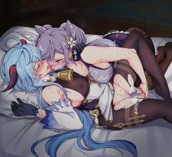 Rule 34 | 2girls, ahoge, artist name, bare shoulders, bed, bell, black bodysuit, black gloves, blue hair, blue pubic hair, blush, bodysuit, breasts, cone hair bun, covered erect nipples, cowbell, detached sleeves, double bun, dress, earrings, closed eyes, female pubic hair, fingering, ganyu (genshin impact), genshin impact, gloves, goat horns, hair bun, hair ears, hair ornament, heavy breathing, hickey, horns, jewelry, keqing (genshin impact), large breasts, long hair, looking at another, lying, multiple girls, negom, on back, open mouth, pantyhose, pubic hair, purple dress, purple eyes, purple hair, pussy, pussy juice, saliva, see-through, sweat, torn bodysuit, torn clothes, twintails, very long hair, yuri