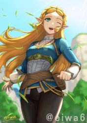 Rule 34 | 1girl, backlighting, belt, belt skirt, blonde hair, blurry, blurry background, braid, breasts, cowboy shot, crown braid, dress shirt, eiwa, female focus, floating hair, forehead, from below, grass, green eyes, hair ornament, hairclip, long hair, long sleeves, medium breasts, nintendo, one eye closed, open mouth, outdoors, pants, pointy ears, pouch, princess, princess zelda, shirt, sidelocks, signature, sky, smile, solo, tareme, the legend of zelda, the legend of zelda: breath of the wild, triforce, twitter username, wind, wind lift