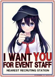Rule 34 | 1girl, akatsuki (kancolle), anchor symbol, artist request, black hair, black hat, black sailor collar, commentary request, flat cap, hat, i want you, kantai collection, looking at viewer, neckerchief, parody, pointing, purple eyes, red neckerchief, sailor collar, school uniform, serafuku, solo, upper body