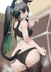 Rule 34 | 1girl, :o, absurdres, animal ear fluff, animal ears, ass, bare shoulders, black pantyhose, blush, breasts, butt crack, cat ears, cat girl, cat tail, clothes pull, green hair, hair between eyes, hand up, highres, long hair, looking at viewer, medium breasts, open mouth, original, panties, pants, pants pull, pantyhose, ponytail, sidelocks, solo, sports bra, sweat, tail, thighs, underwear, yakihoko