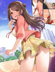 Rule 34 | 1boy, 1girl, anus, ass, bar censor, blush, brown eyes, brown hair, censored, comic, day, from behind, high heels, highres, idolmaster, idolmaster cinderella girls, jacket, looking at viewer, looking back, miniskirt, mk (mod0), motion lines, neck ribbon, no panties, open clothes, open jacket, open mouth, outdoors, pink jacket, pussy, red footwear, red ribbon, ribbon, shimamura uzuki, shirt, skirt, stairs, standing, sweat, teeth, upper teeth only, white shirt, yellow skirt