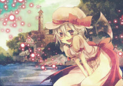 Rule 34 | 1girl, bad id, bad pixiv id, bat wings, female focus, hat, light, nature, outdoors, plant, pochi-t, red eyes, remilia scarlet, ribbon, short hair, sky, solo, touhou, town, wings