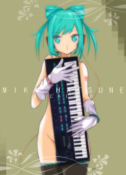 Rule 34 | 1girl, aqua eyes, aqua hair, black thighhighs, blush, character name, covering privates, gloves, hatsune miku, headphones, holding, instrument, keyboard (instrument), kowiru, nude, nude cover, solo, tattoo, thighhighs, vocaloid