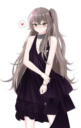 Rule 34 | 1girl, blush, bracelet, breasts, brown eyes, closed mouth, collarbone, dress, feet out of frame, girls&#039; frontline, grey scarf, hand on arm, heart, heart print, jewelry, light brown hair, long hair, looking at viewer, official alternate costume, paaam, purple dress, scar, scar across eye, scar on face, scarf, side ponytail, small breasts, solo, standing, ump45 (diamond flower) (girls&#039; frontline), ump45 (girls&#039; frontline), white background