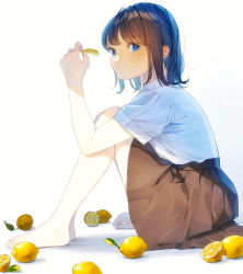 Rule 34 | 1girl, bare legs, barefoot, blue eyes, blue hair, blue shirt, blush, brown hair, brown skirt, closed mouth, food, from side, fruit, full body, hami yura, holding, knees up, lemon, lemon slice, looking at viewer, looking to the side, medium skirt, multicolored hair, original, shirt, short sleeves, simple background, sitting, skirt, solo, two-tone hair, white background